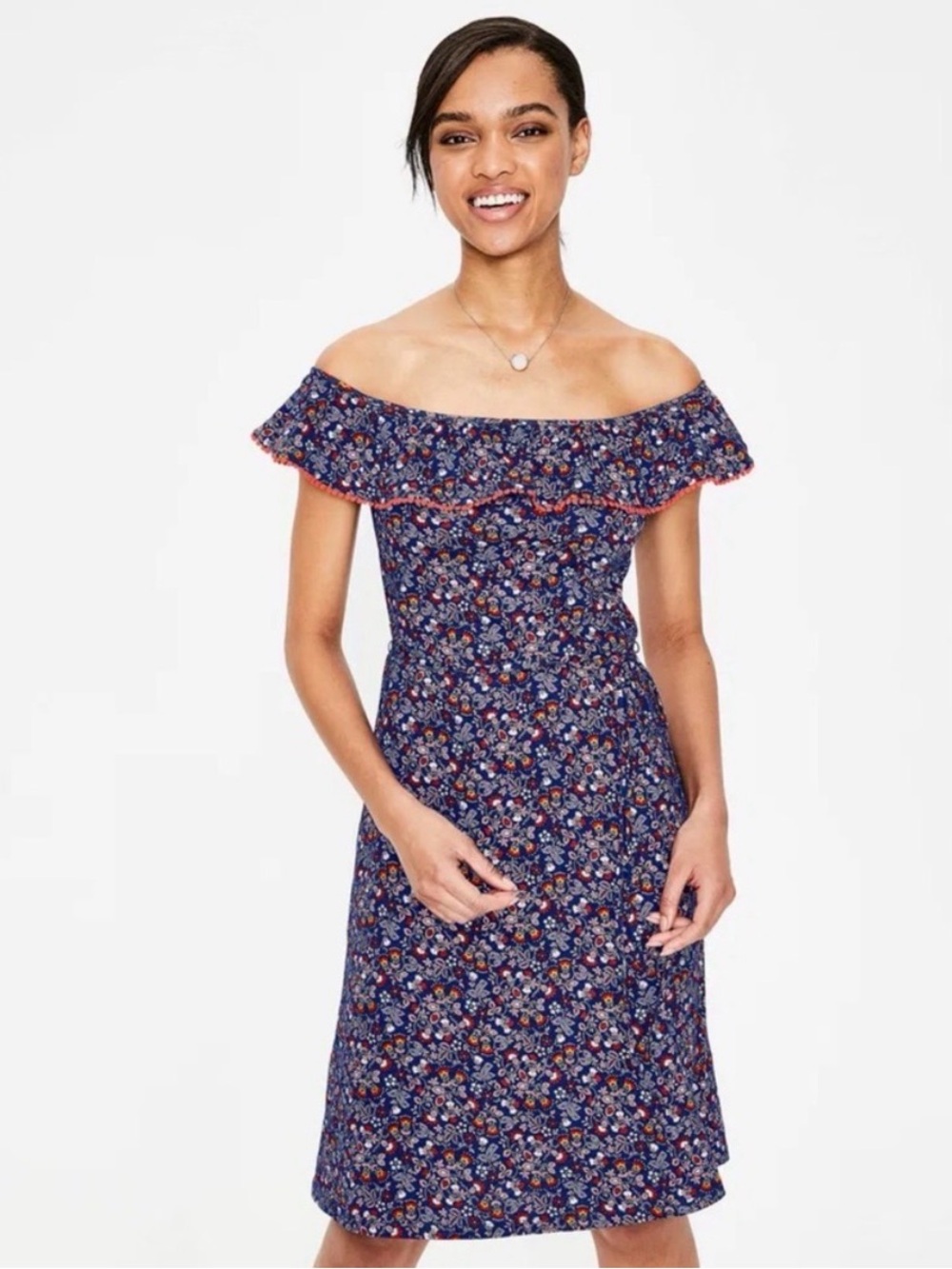 Boden Navy Floral Off-Shoulder Ruffle Dress